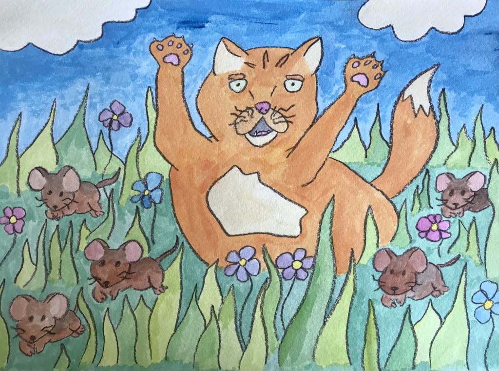 Illustration by Mira Dahms showing the feline main character in a field with potentially new mice friends.