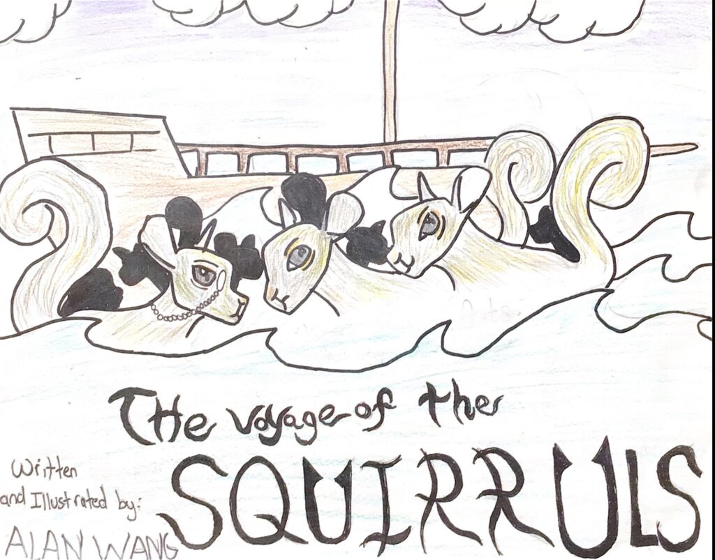 Illustration of three squirrels on board a wooden ship with the text: The Voyage of the Squirruls. One of the squirrels is wearing a monocle.